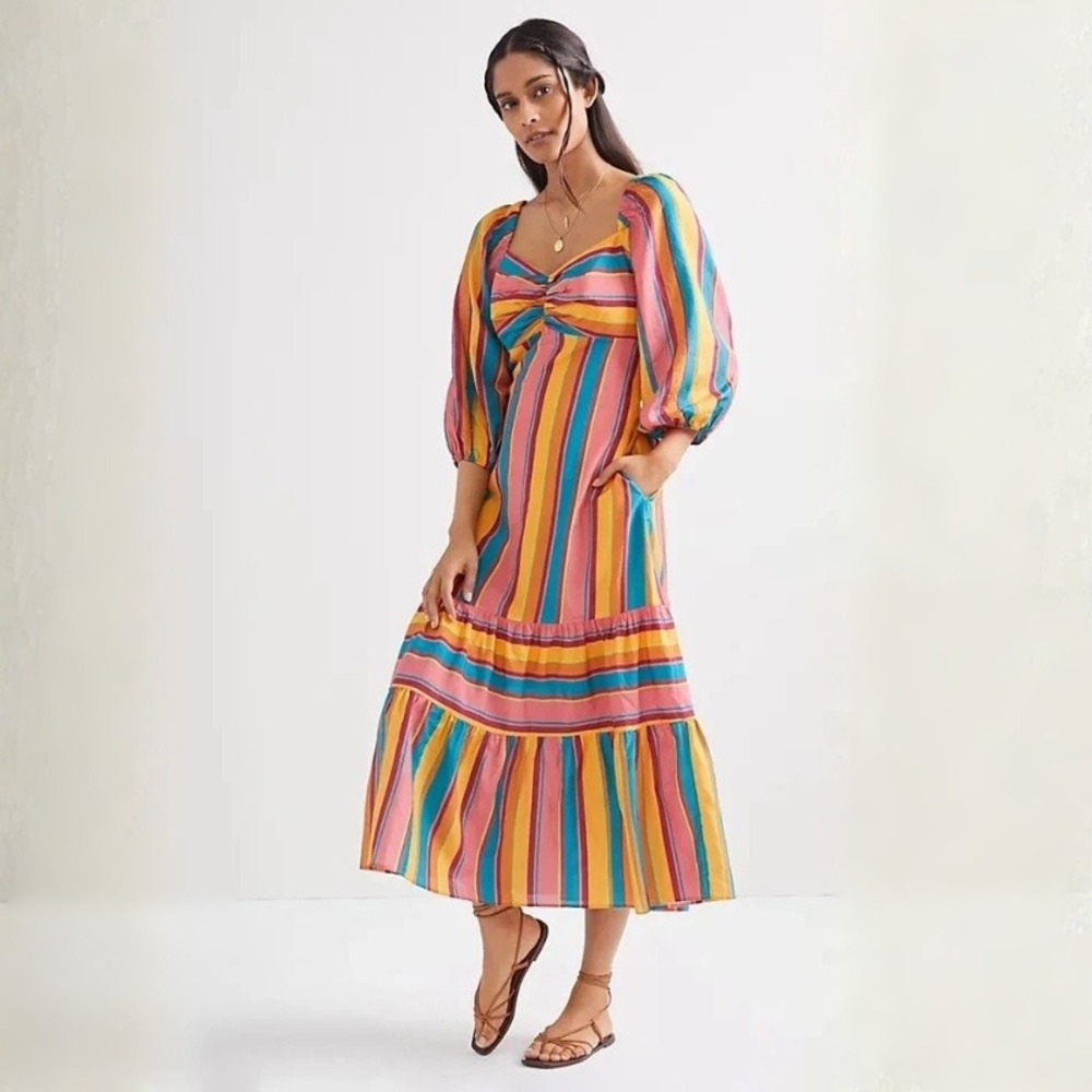 Anthropologie x Farm Rio Rainbow Stripe Midi Dress Puff Sleeve Size XS